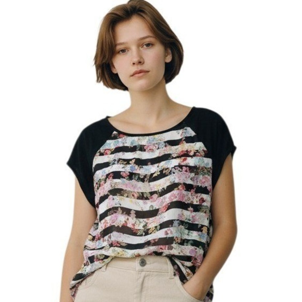 Promod Womens Mixed Media Floral Stripe Raglan Short Sleeve Top Black Multi Med